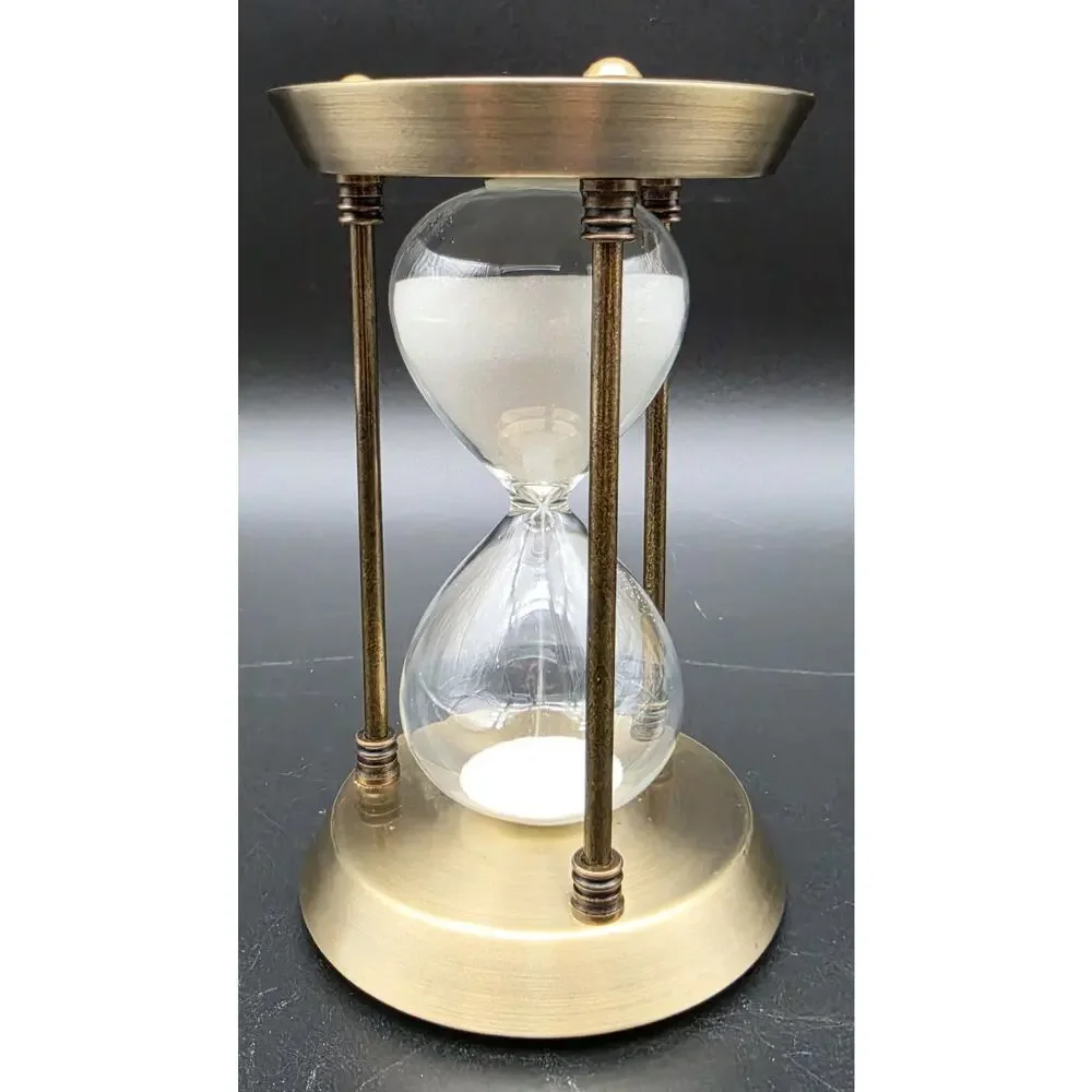 Vintage Brass Hourglass 15 Min White Sand Glass Timer Desk Decor 3 Pillar